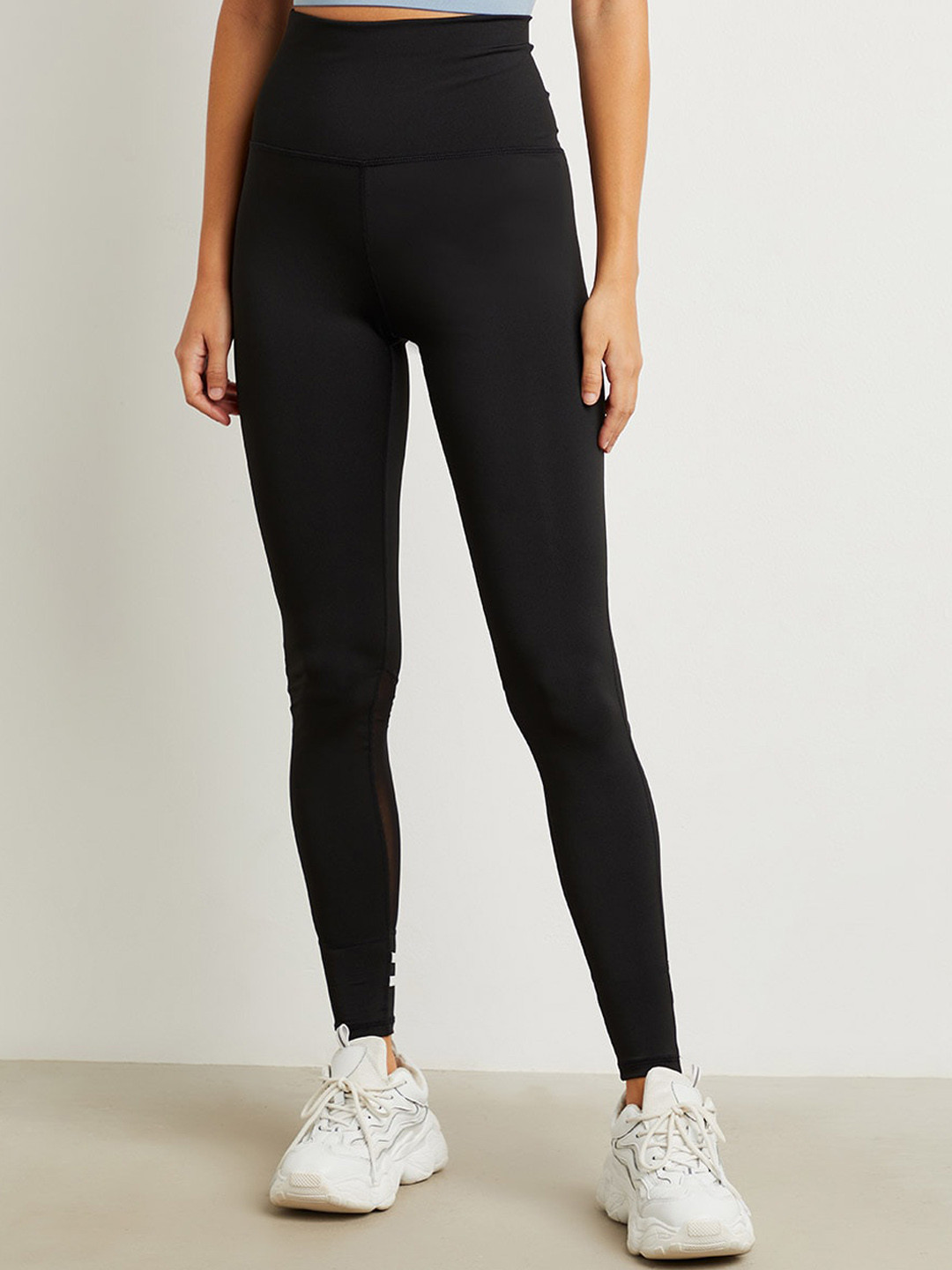 Styli Women Black High-Rise Mesh and Stripe Ankle Detail Active Leggings