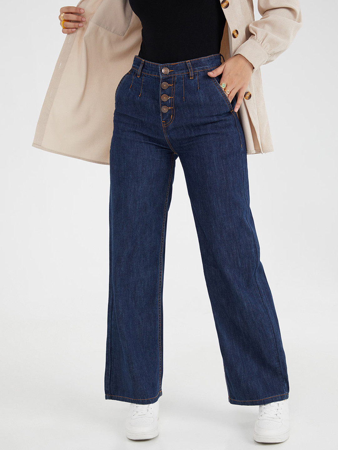 Styli Women Blue Button Up High Rise Wide Leg Jeans