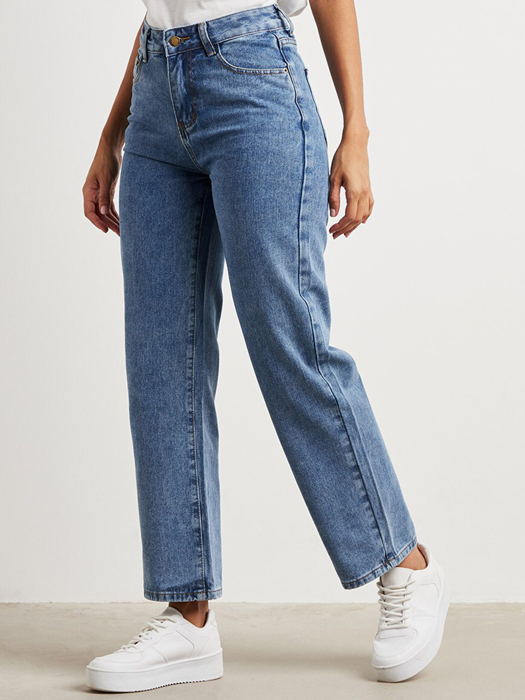 Styli Women Blue Plain High Rise Mom Jeans with Button Closure