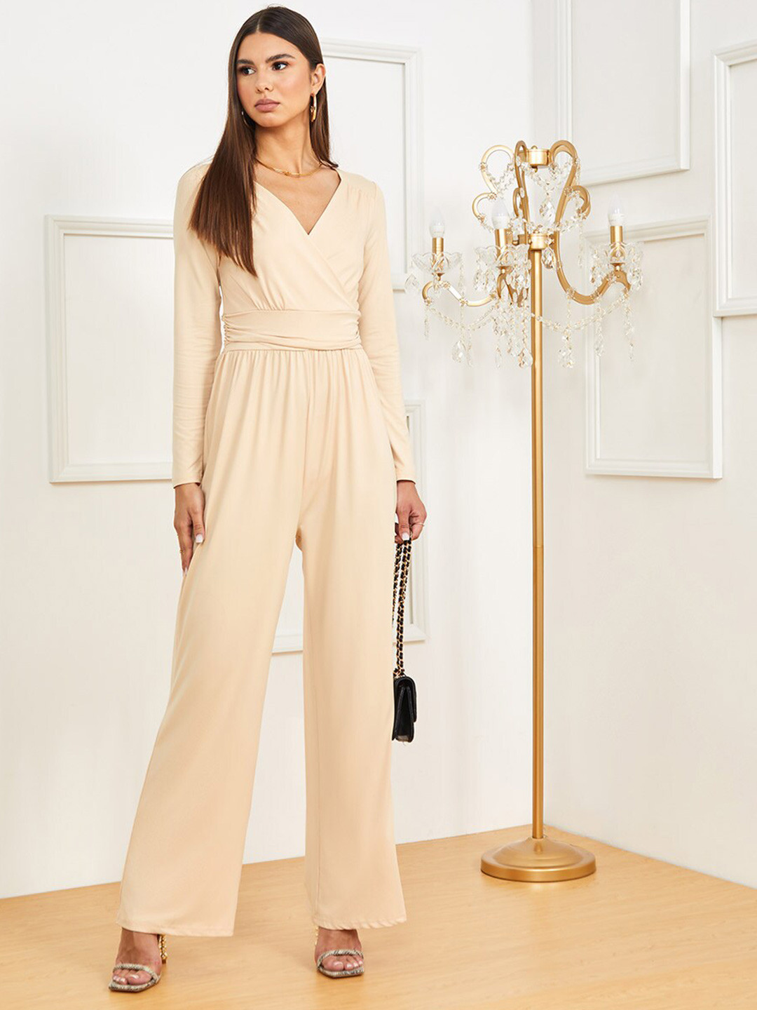 Styli Beige Long Sleeves Front Pleating Detail Wide Leg Jumpsuit