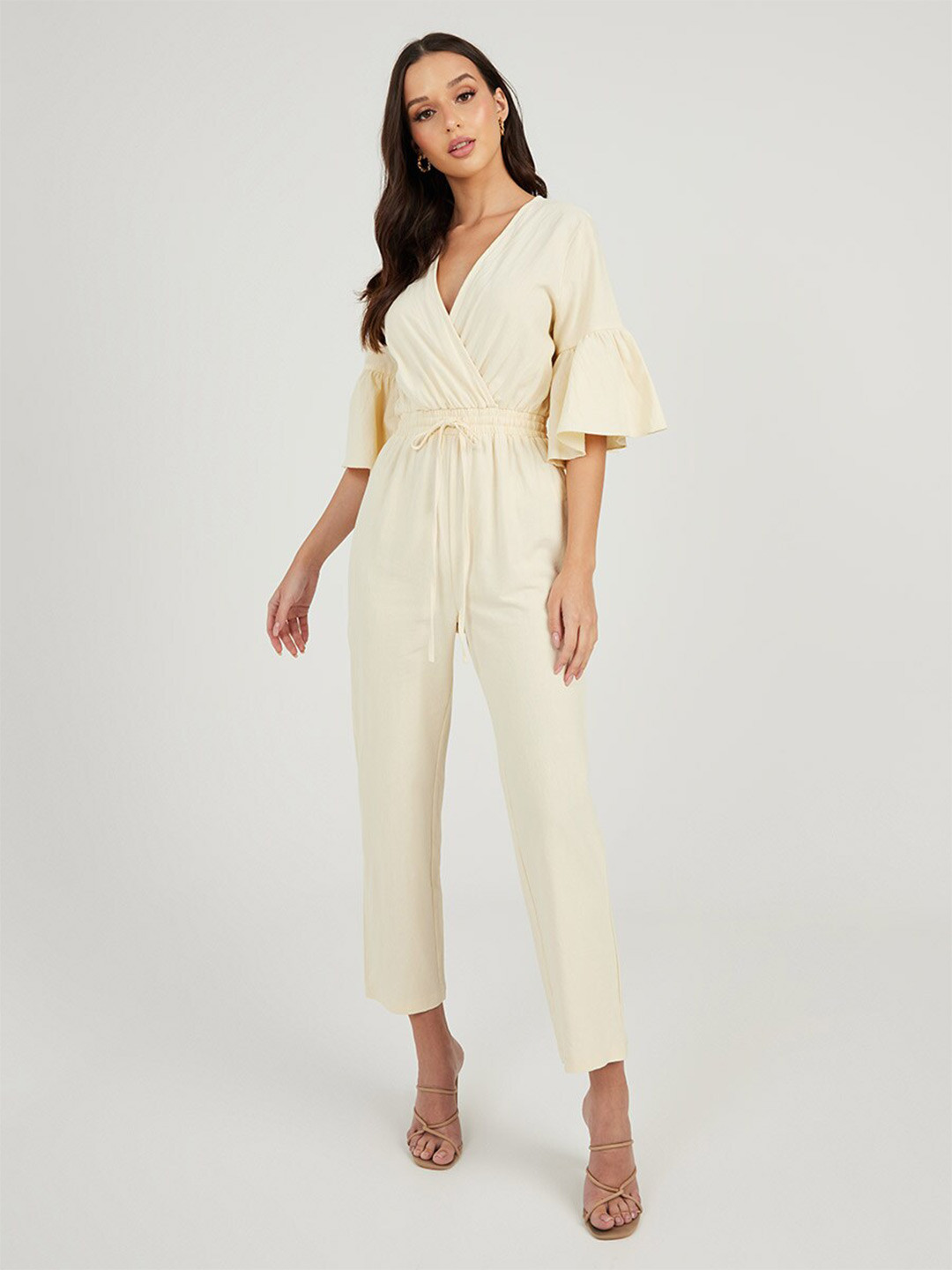 Styli White V Neck Flare Short Sleeves Straight Leg Jumpsuit