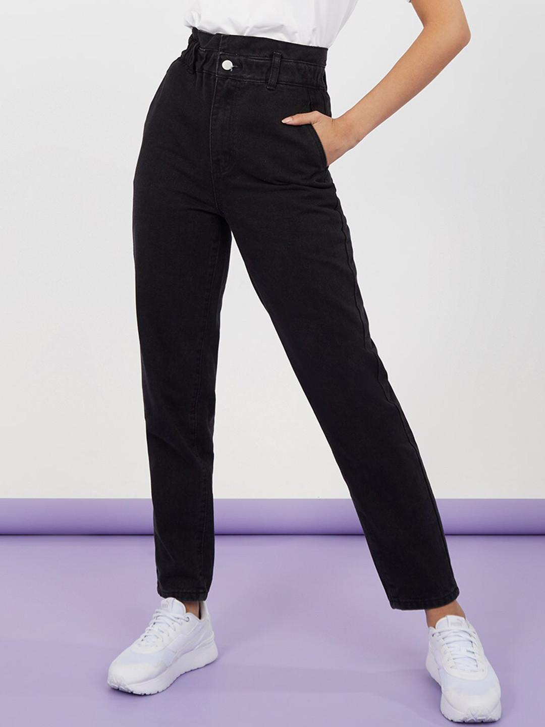 Styli Women Black High Rise Paper Bag Waist Mom Jeans