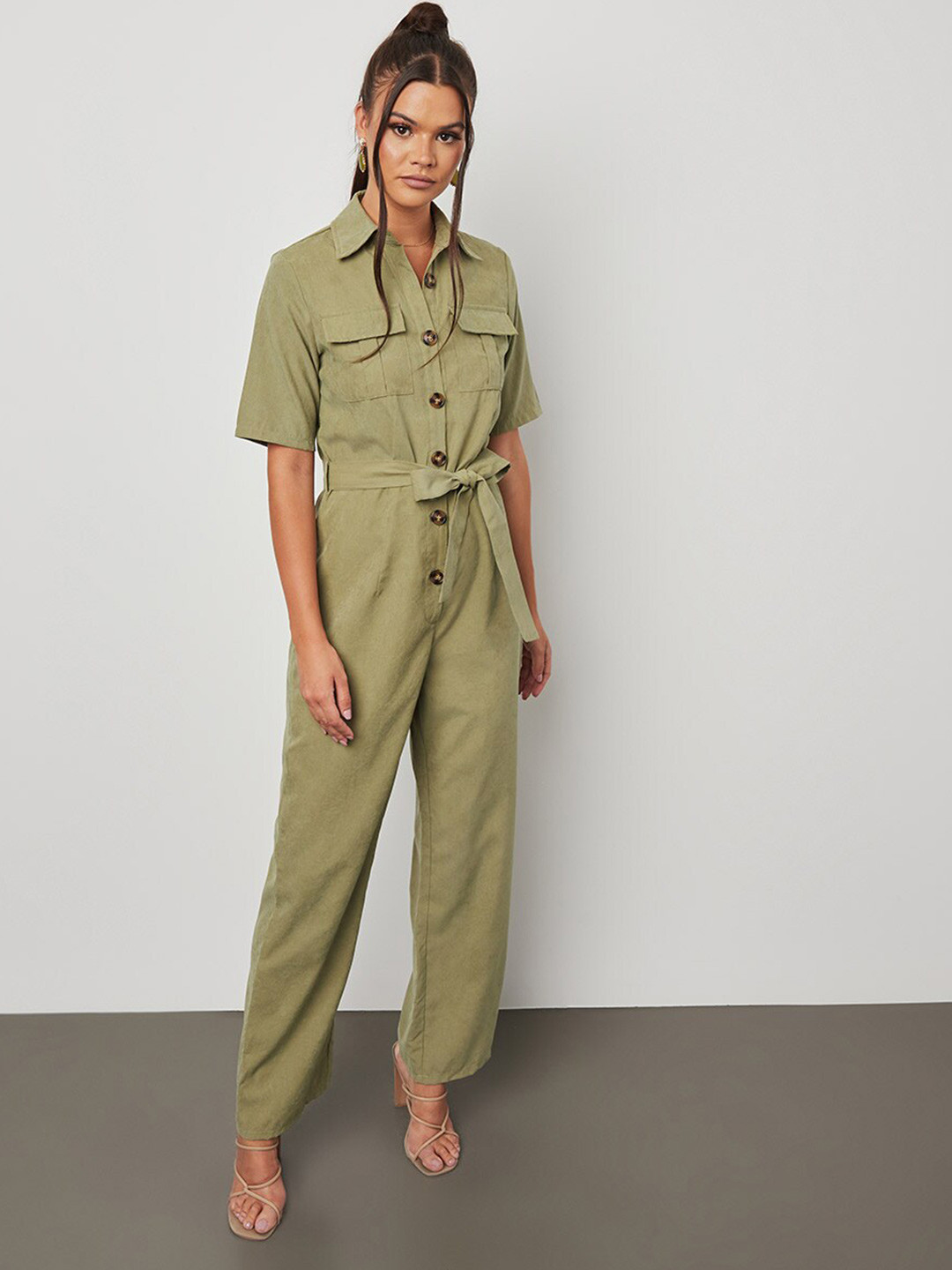 Styli Khaki Collared Neck Straight Leg Jumpsuit with Short Sleeves