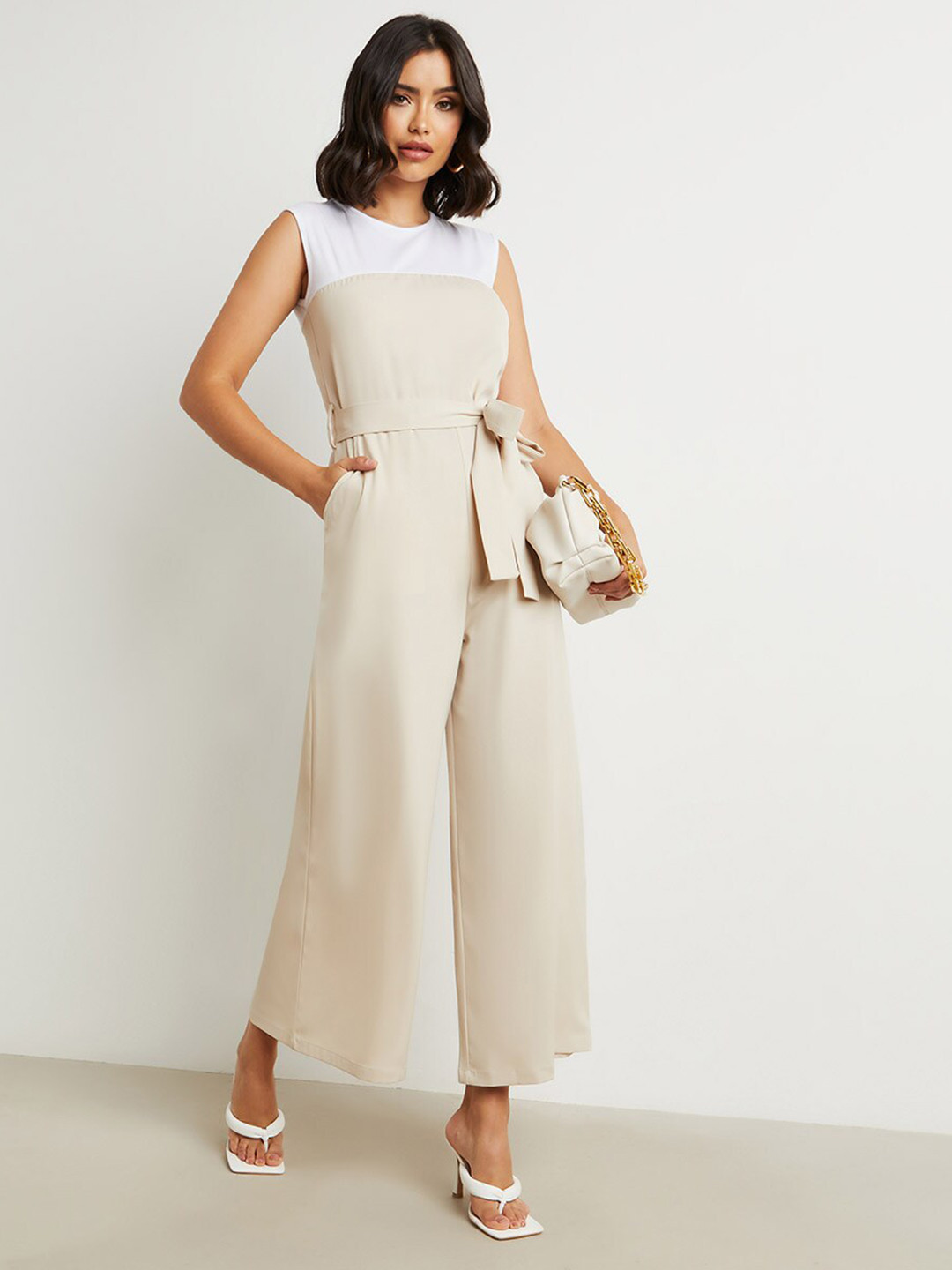 Styli Beige & White Contrast Panel Wide Leg Jumpsuit with Tie Belt