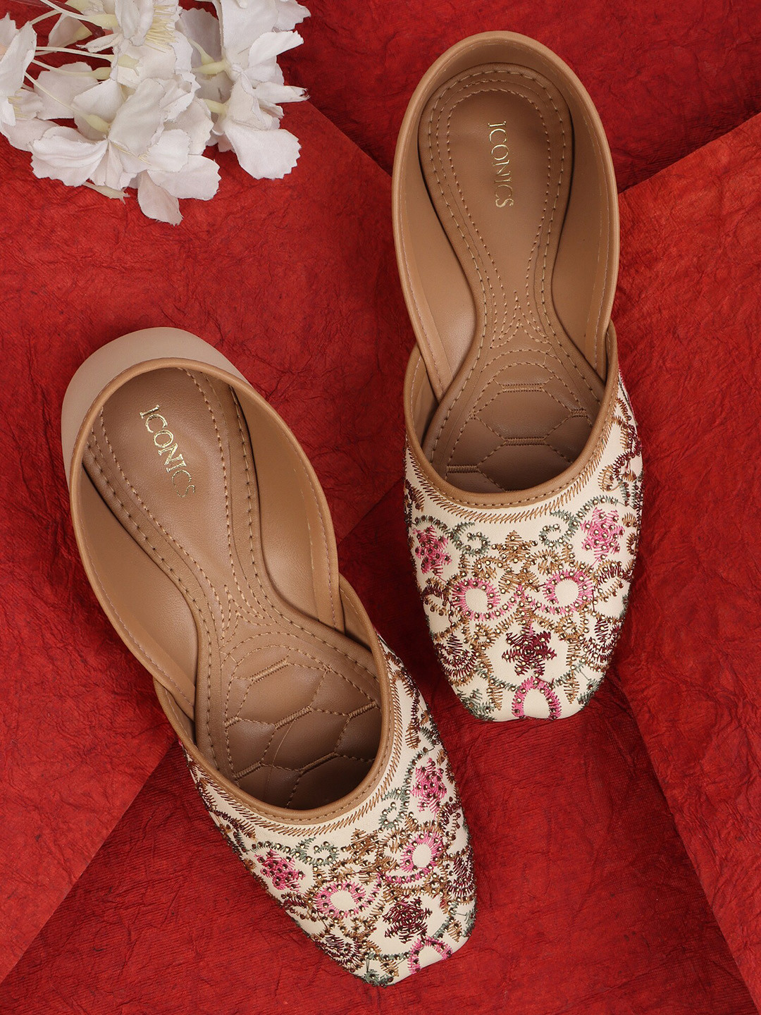 ICONICS Women Cream-Coloured Ethnic Mojaris Flats