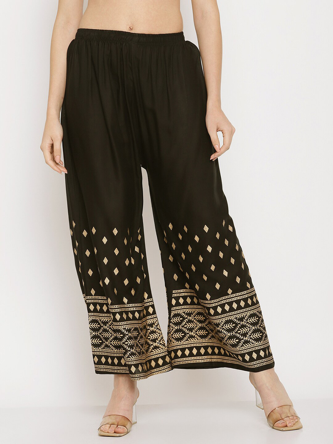 Miaz Lifestyle Women Black & Gold-Toned Paisley Printed Knitted Ethnic Palazzos