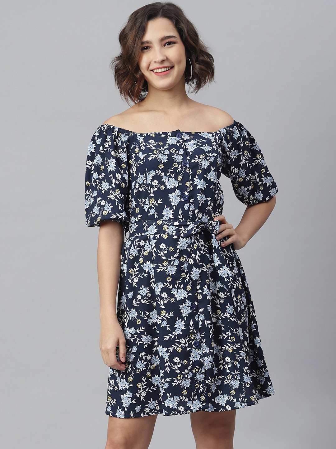 StyleStone Blue Floral Off-Shoulder Crepe Knee Length A-Line Dress
