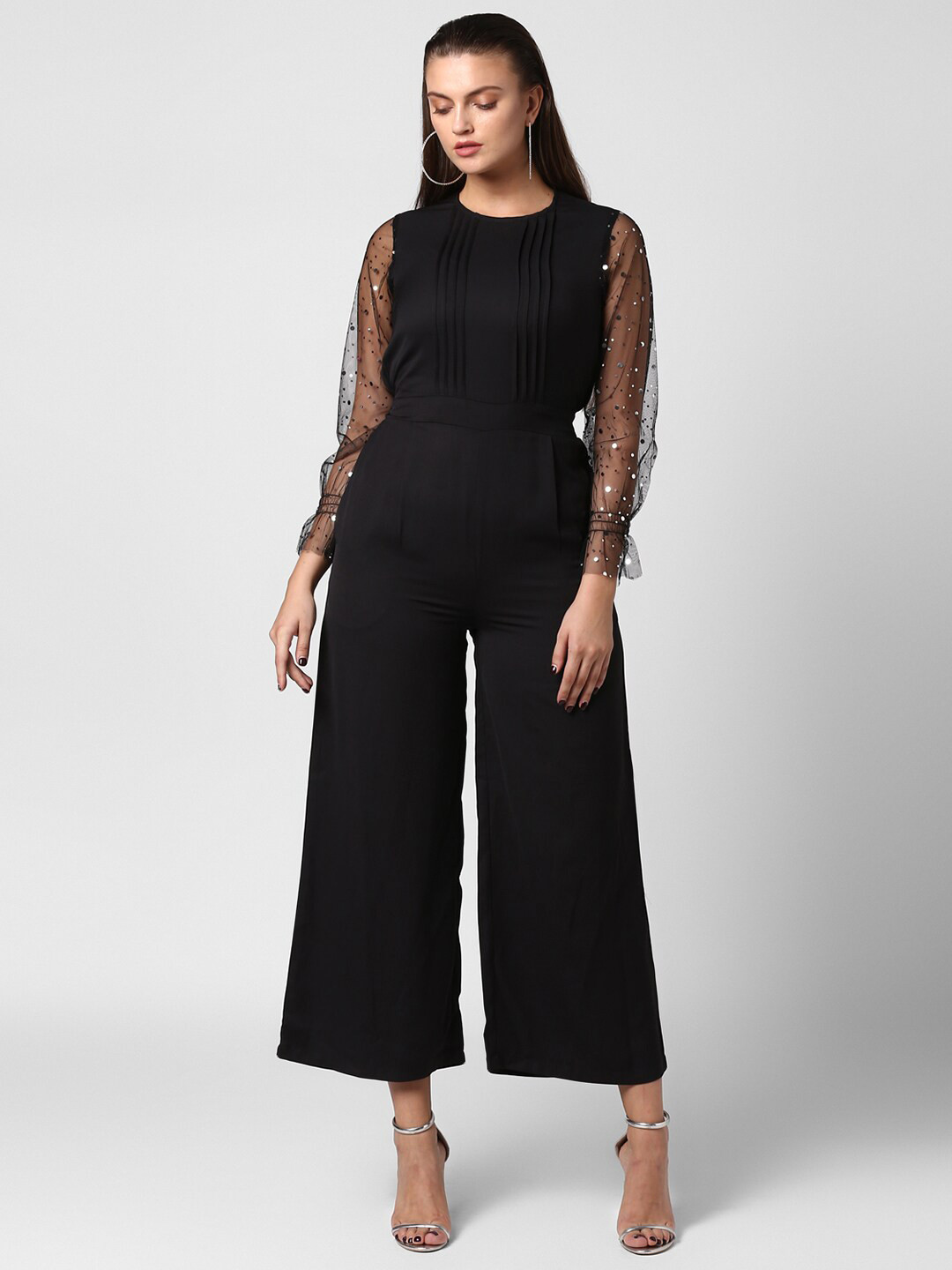 StyleStone Black & Silver-Toned Basic Jumpsuit with Embellished