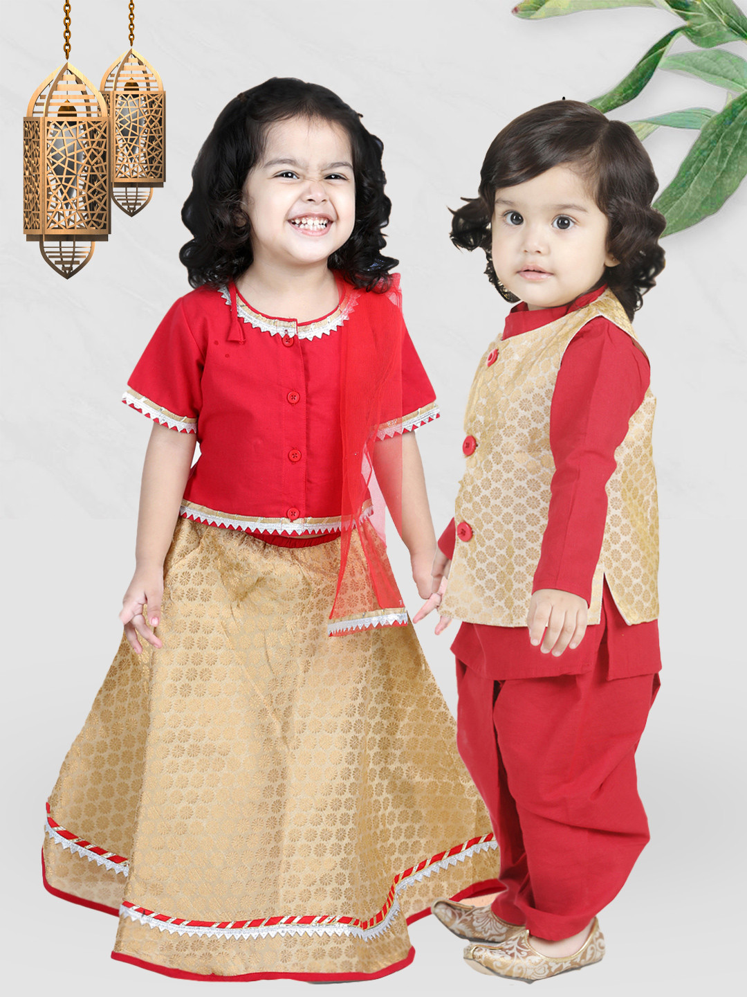 BownBee Girls Red & Cream-Coloured Cotton Front-Open Choli With Jacquard Lehenga
