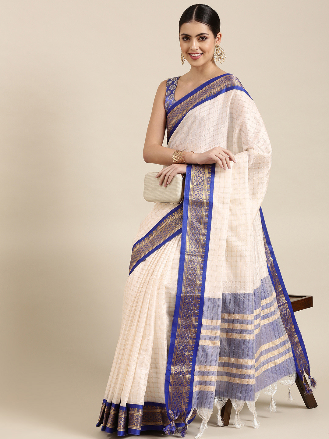 KALINI White & Blue Checked Zari Silk Cotton Saree