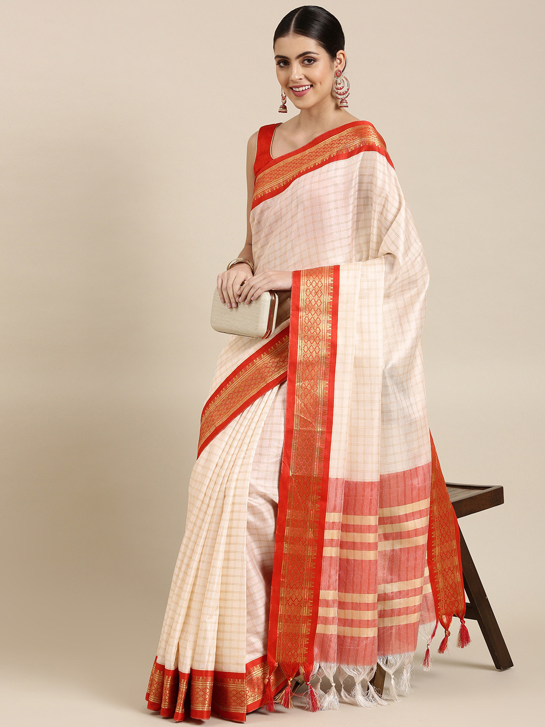 KALINI White & Red Checked Zari Silk Cotton Saree