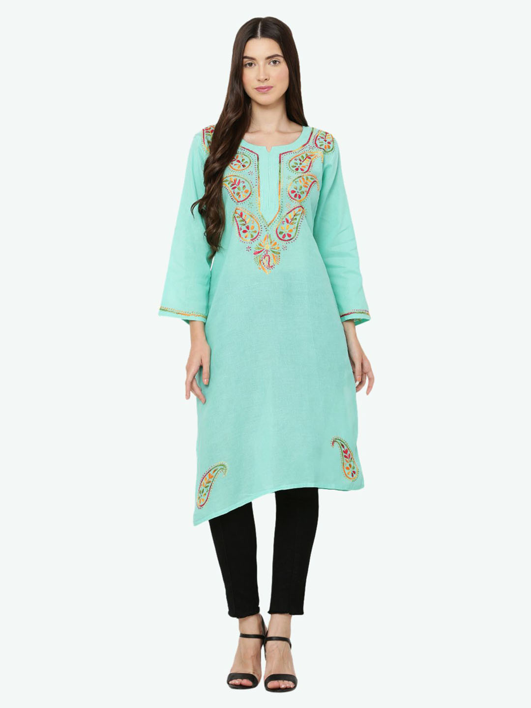 FAWOMENT Women Turquoise Blue Paisley Yoke Design Flared Sleeves Thread Work Pathani Kurta