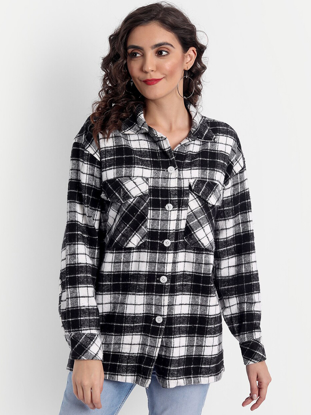 Emprall Women Multicoloured Checked Fleece Longline Tailored Jacket