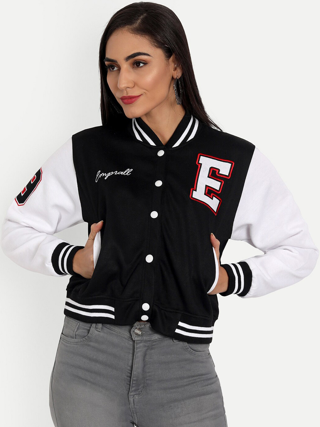 Emprall Women Black Floral Fleece Crop Biker Jacket