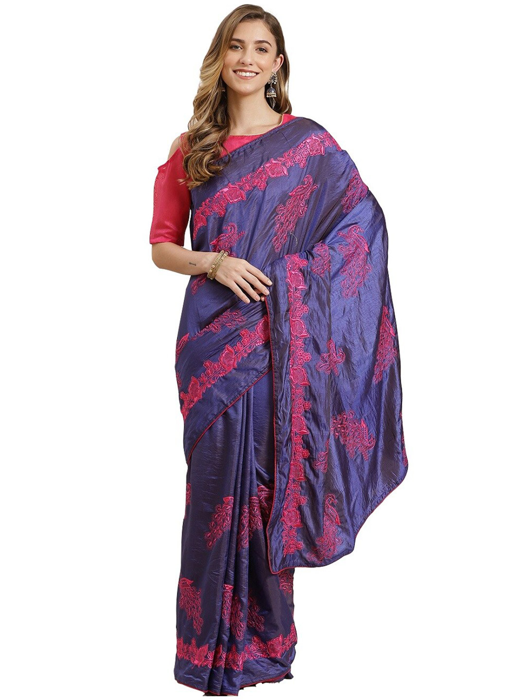 KALINI Purple & Pink Ethnic Motifs Embroidered Silk Blend Maheshwari Saree