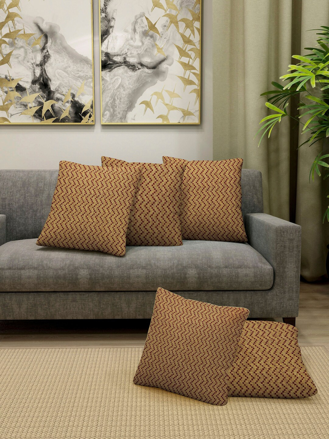 Arrabi Geometric Yellow Chevron Cotton Breathable 5 Piece Square Cushion Covers -16x16In