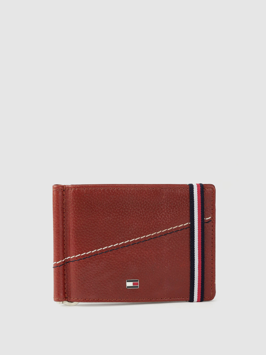 Tommy Hilfiger Men Burgundy Textured Embroidered Leather Wallet