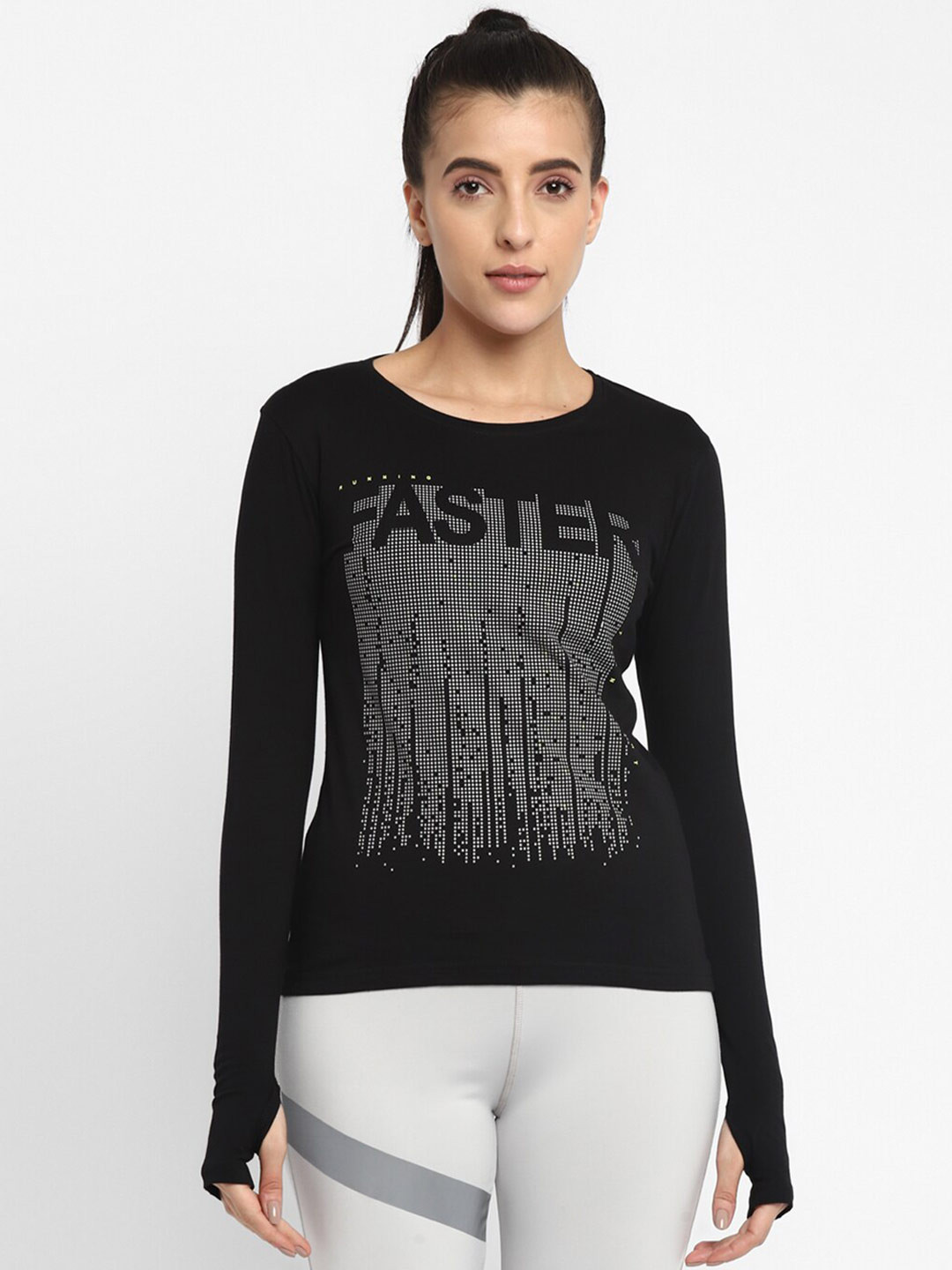 appulse Women Black Printed Raw Edge T-shirt
