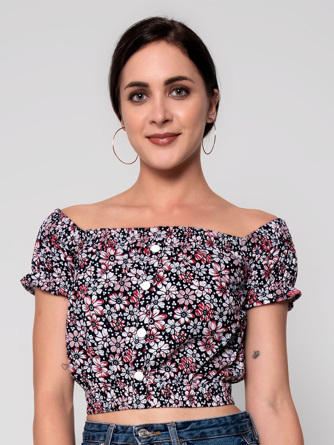 God Bless Multicoloured Floral Print Off-Shoulder Bardot Crop Top