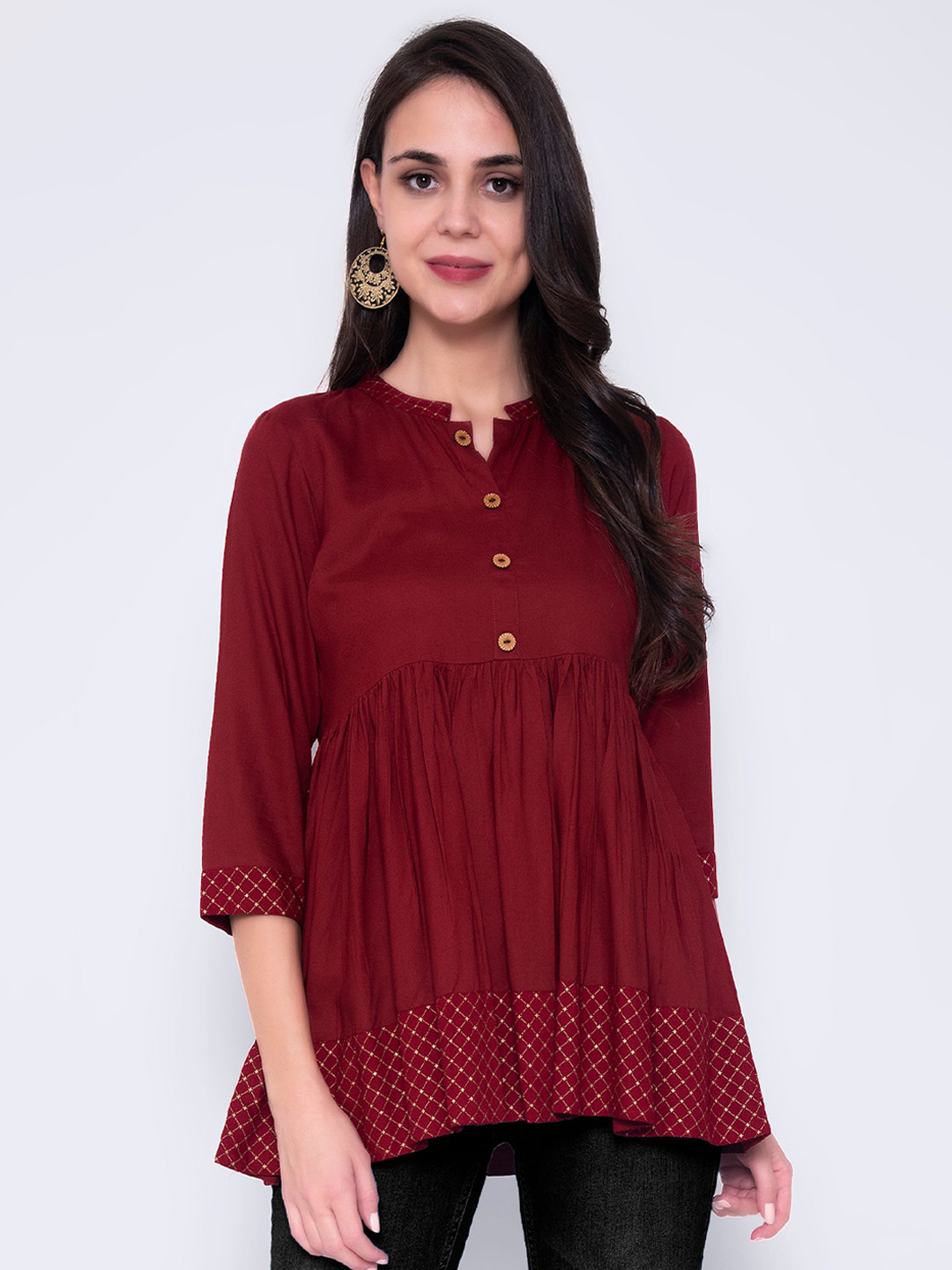 God Bless Maroon Mandarin Collar Empire Top