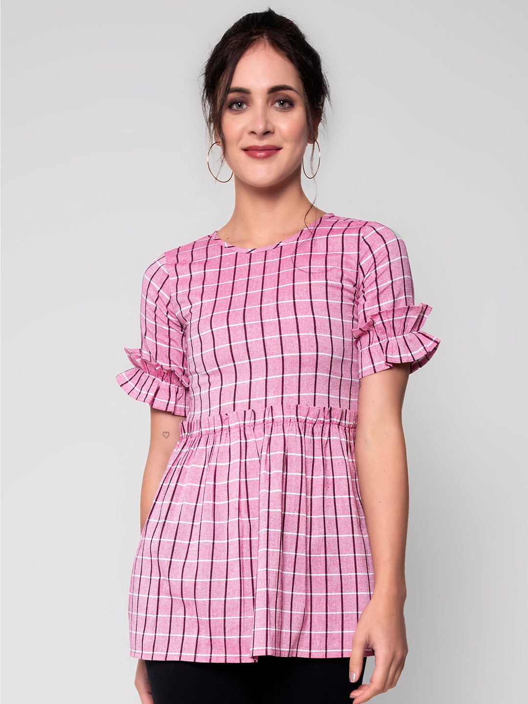 God Bless Pink Checked Linen Top