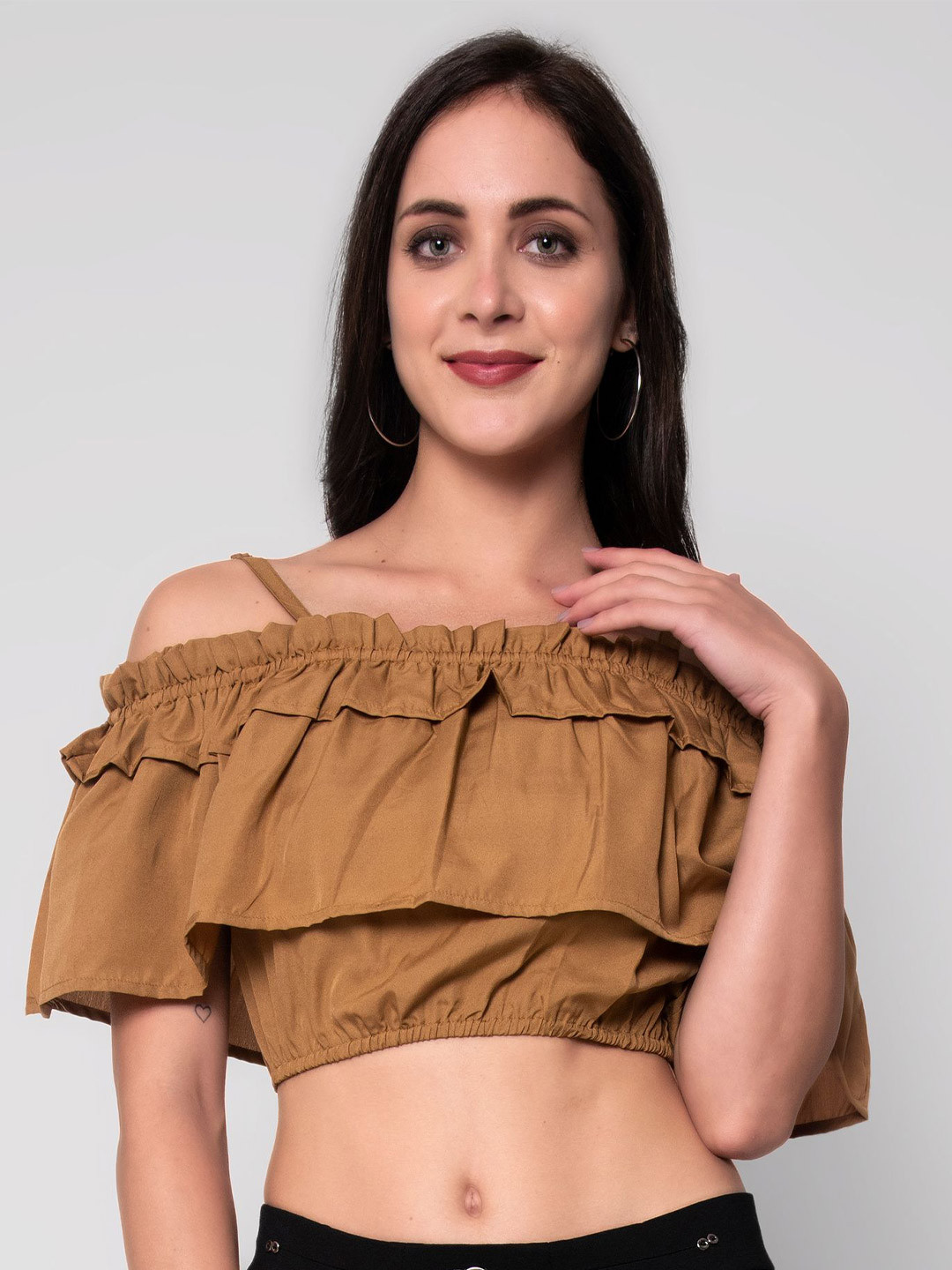 God Bless Beige Off-Shoulder Bardot Crop Top