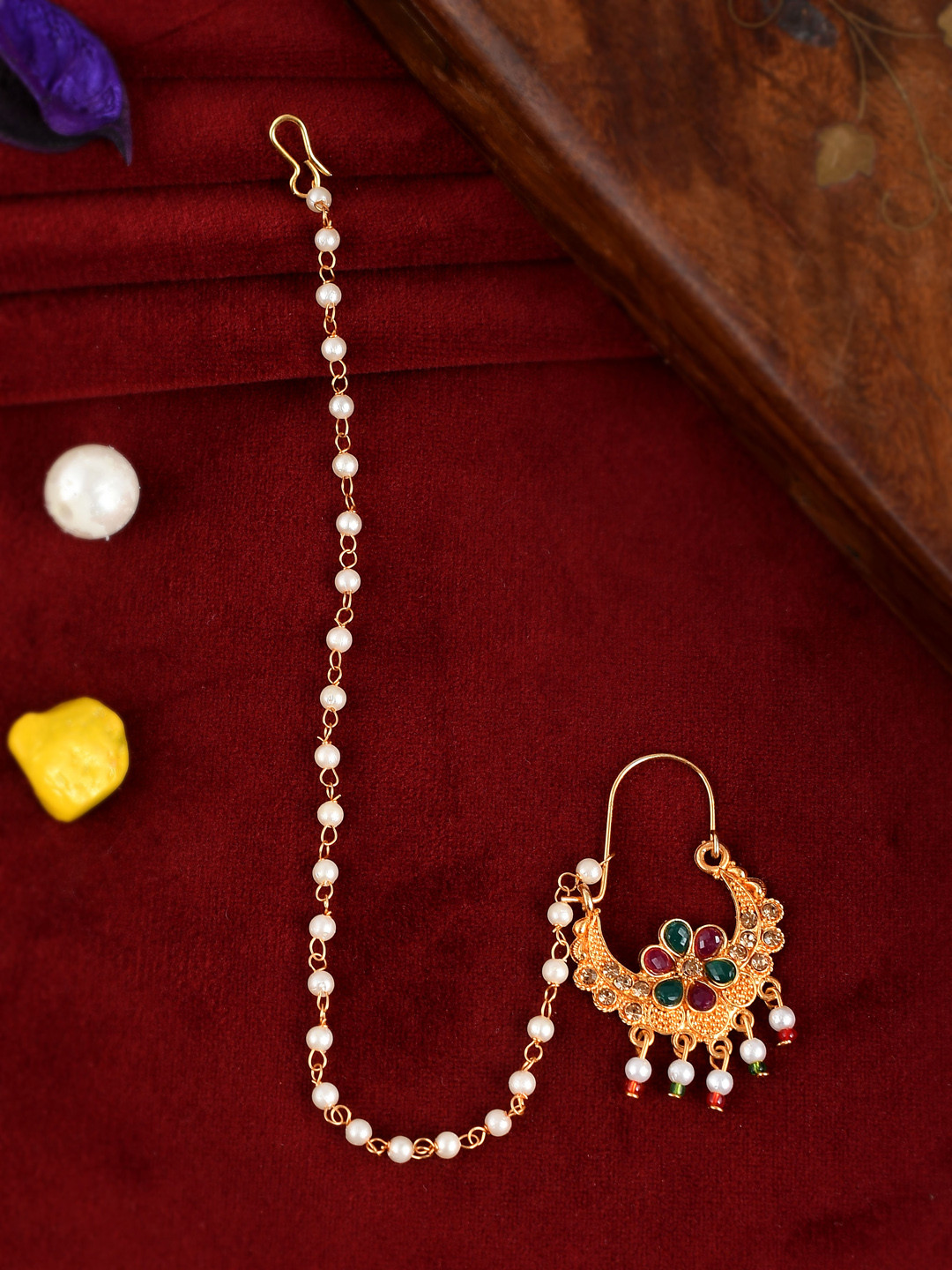 Silvermerc Designs Gold-Plated White & Red Stone-Studded & Pearl Beaded Enamelled Chained Nosering