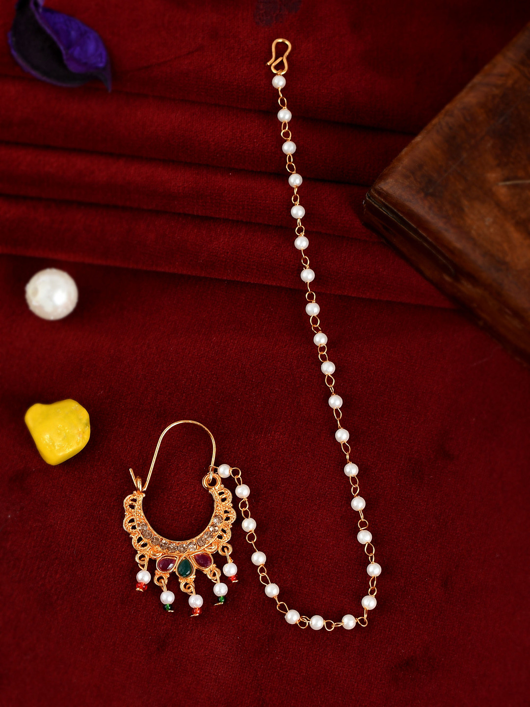 Silvermerc Designs Gold-Plated White Stone-Studded Nose Pin With Beaded Extension