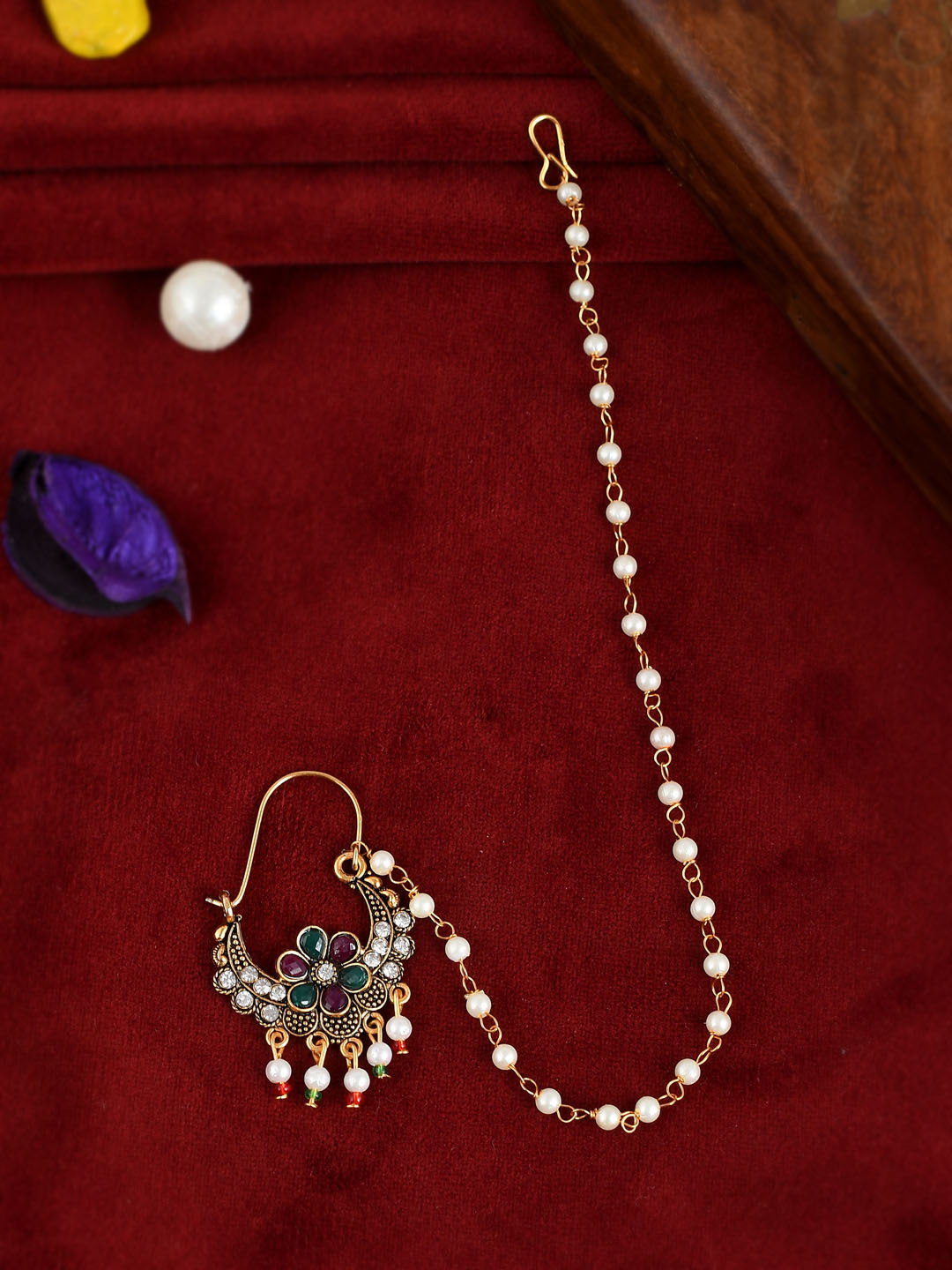 Silvermerc Designs Gold-Plated Pink & Green Coloured Pearl Bridal Chained Nose Ring