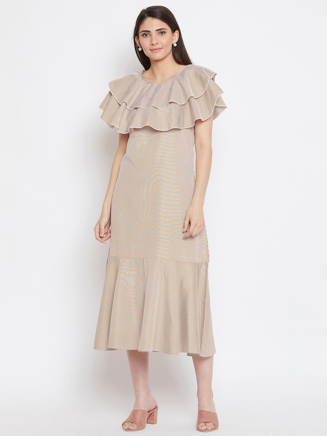 Bitterlime Brown & smoke gray Striped A-Line Midi Dress