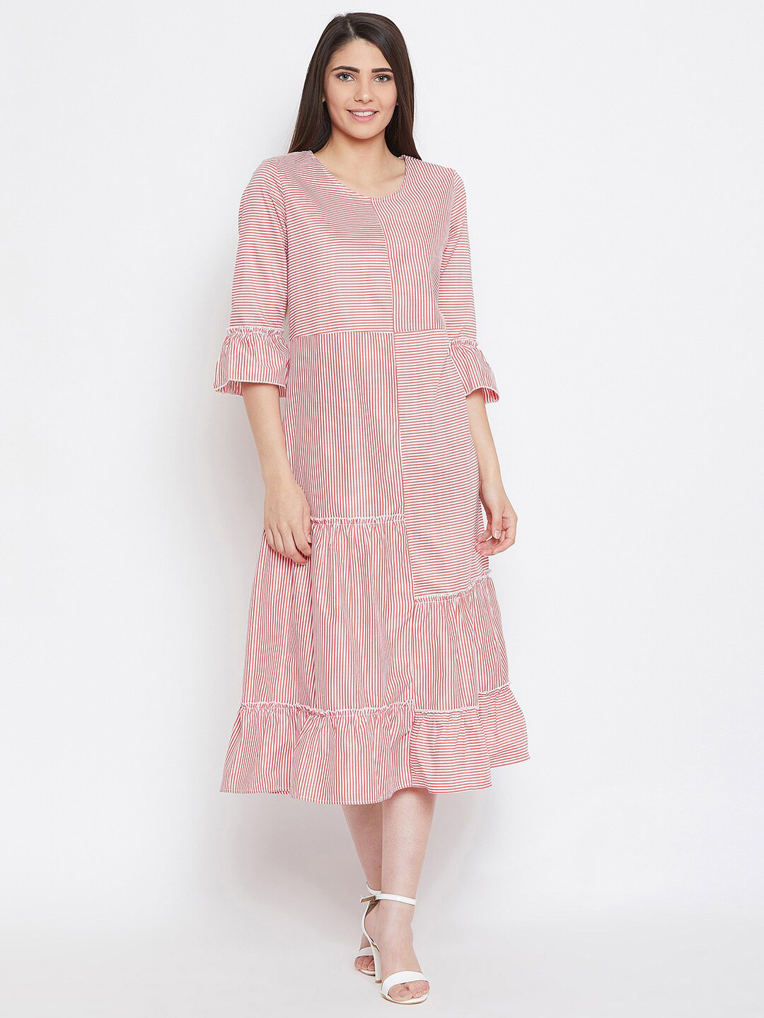 Bitterlime Red Striped A-Line Midi Dress