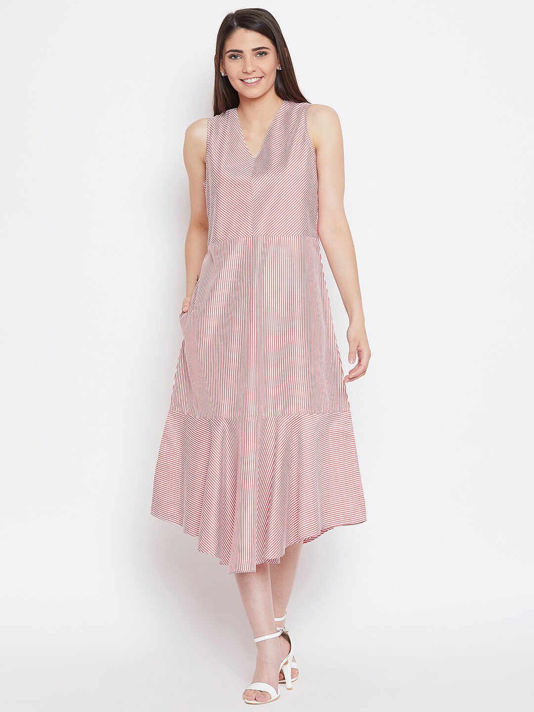 Bitterlime Red & petal pink Striped Keyhole Neck Midi Dress