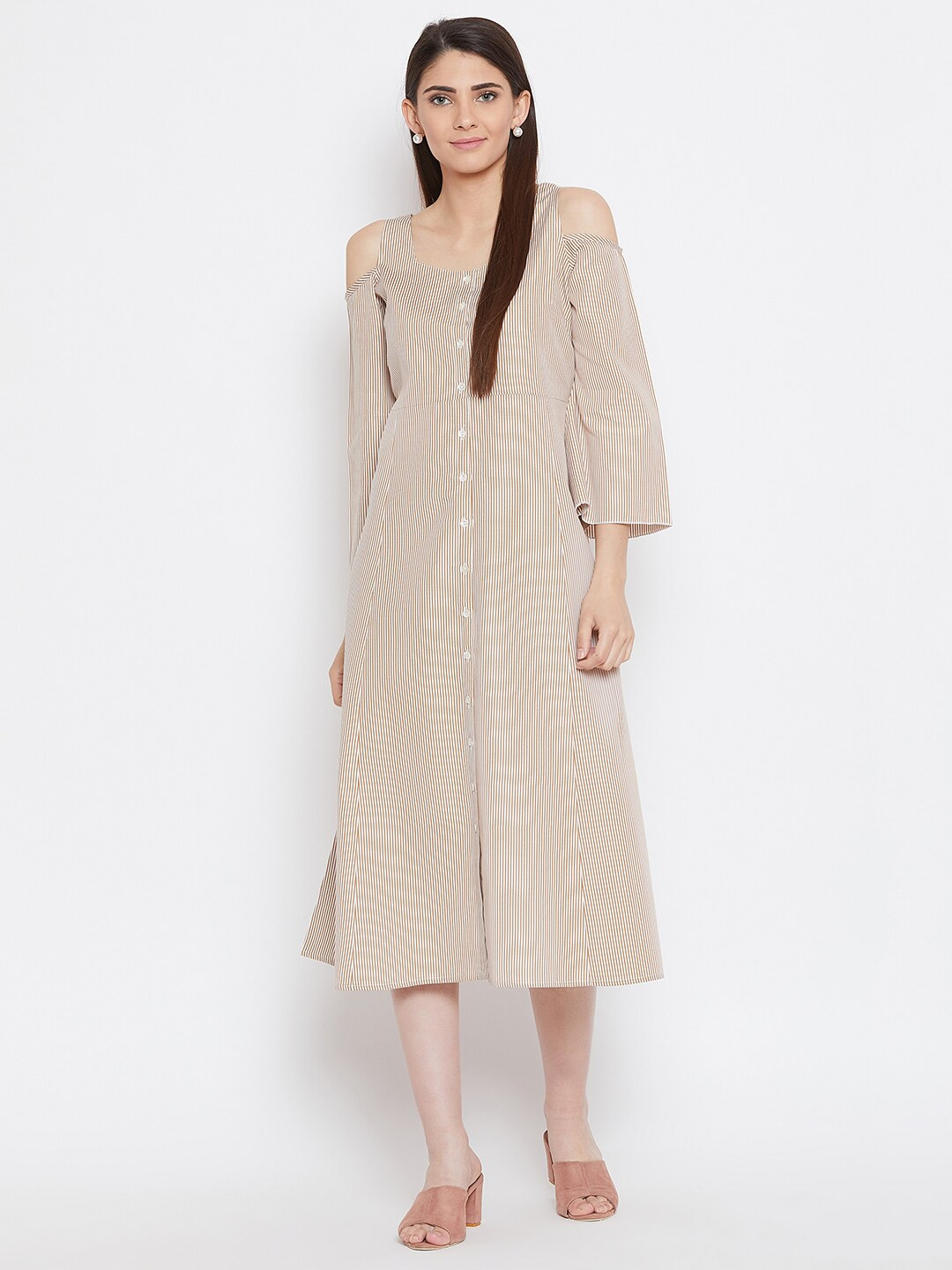 Bitterlime Brown & shifting sand Striped A-Line Midi Dress