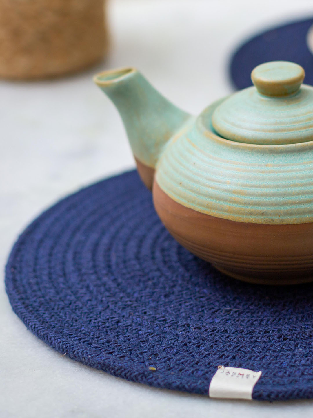 JASMEY HOMES Set Of 4 Navy Blue Solid Cotton Round Table Placemats