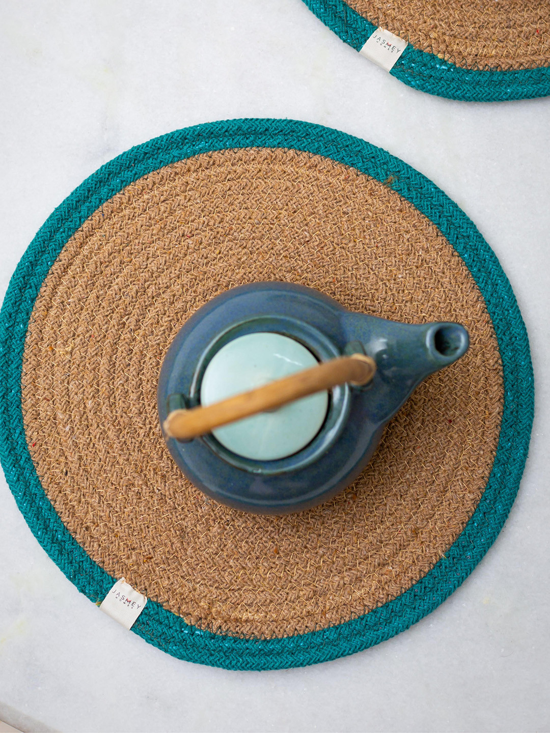 JASMEY HOMES Teal Blue & BeigeTextured Round Cotton Table Placemats