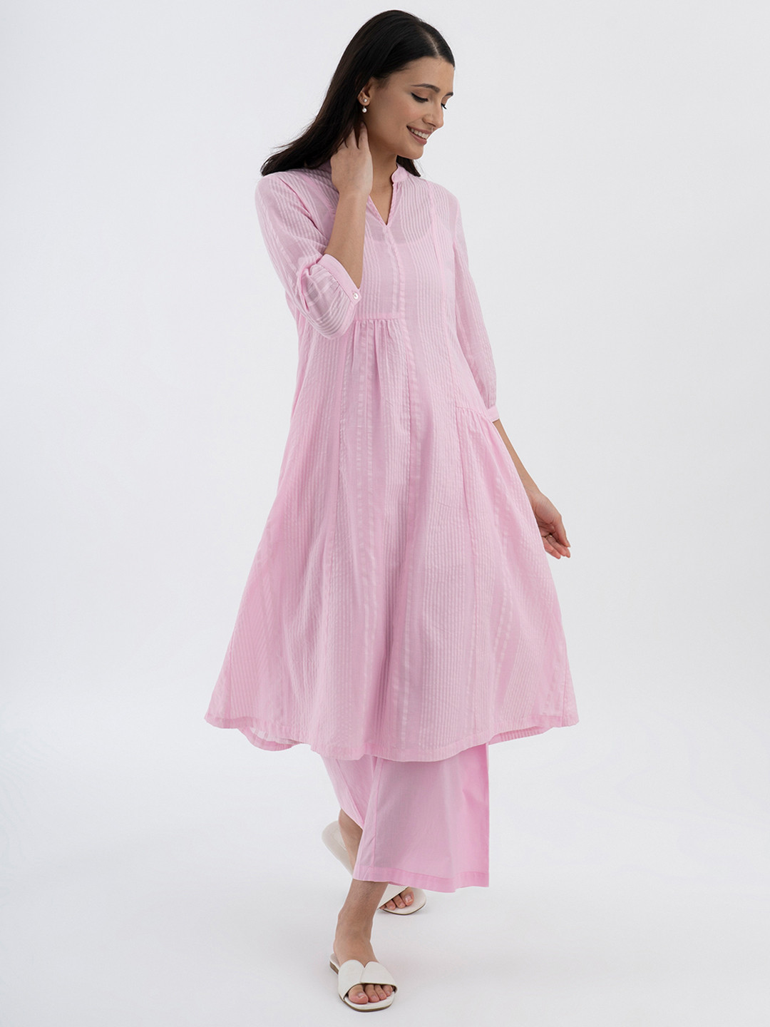 Pink Fort Pink Flared Cotton Kurta Set