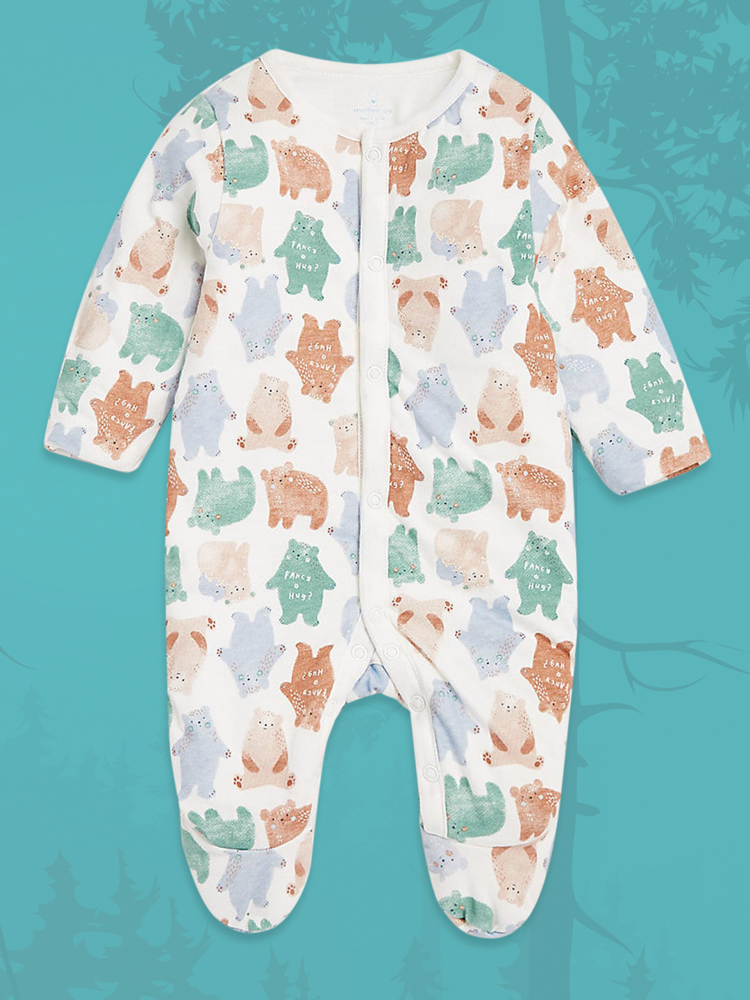 mothercare Infant Boys White Animal Print Pure Cotton Wadded Sleepsuit
