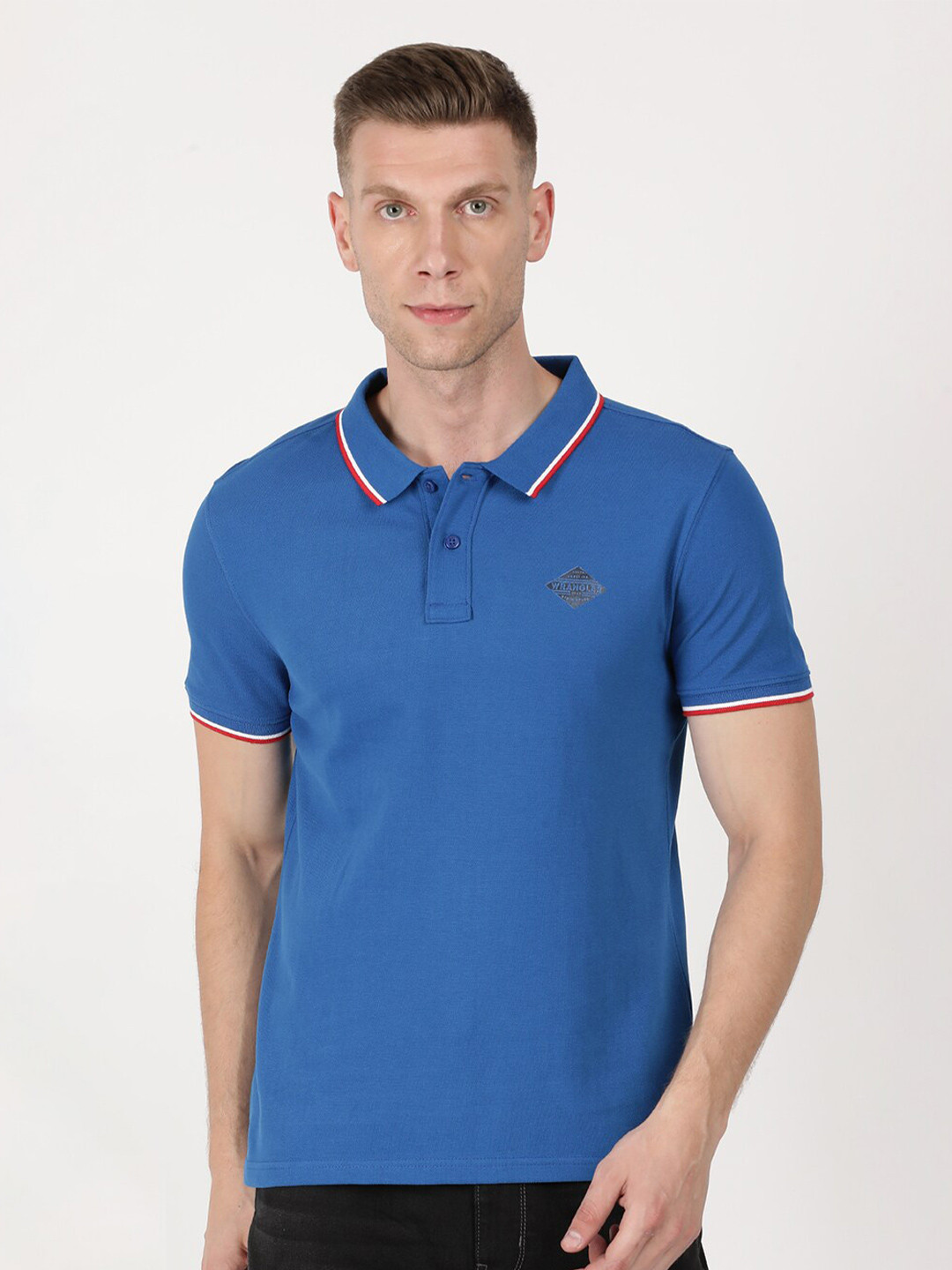 Wrangler Men Blue & dazzled blue Polo Collar Applique T-shirt