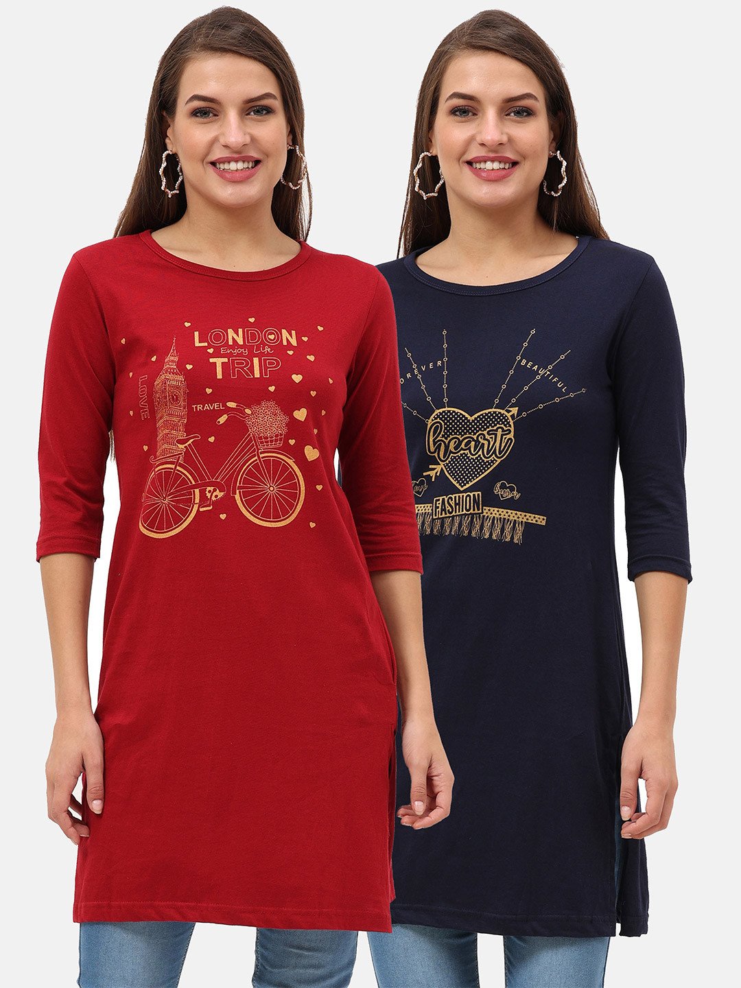 Fleximaa Pack of 2 Maroon & Navy Blue Printed Longline Tops