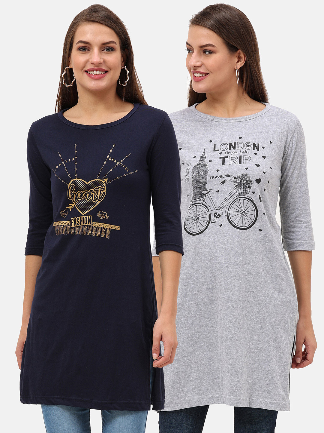 Fleximaa Pack of 2 Navy Blue & Grey Melange Print Maxi Cotton Longline Tops