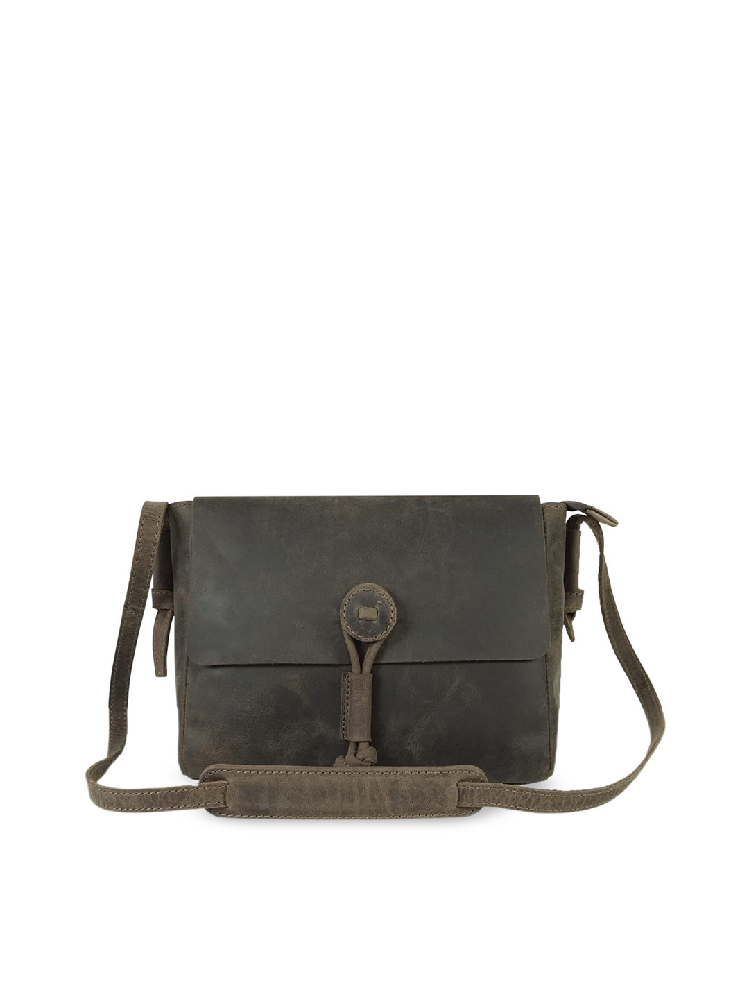 Goatter Coffee Brown Leather Structured Sling Bag with Tasselled