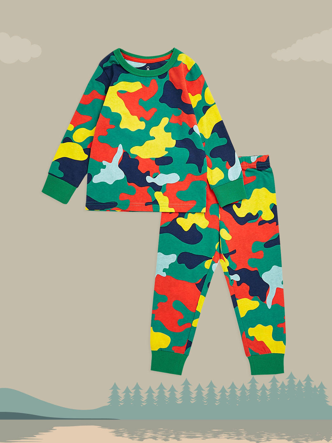 mothercare Boys Green & Red Camouflage Print Pure Cotton T-shirt with Joggers