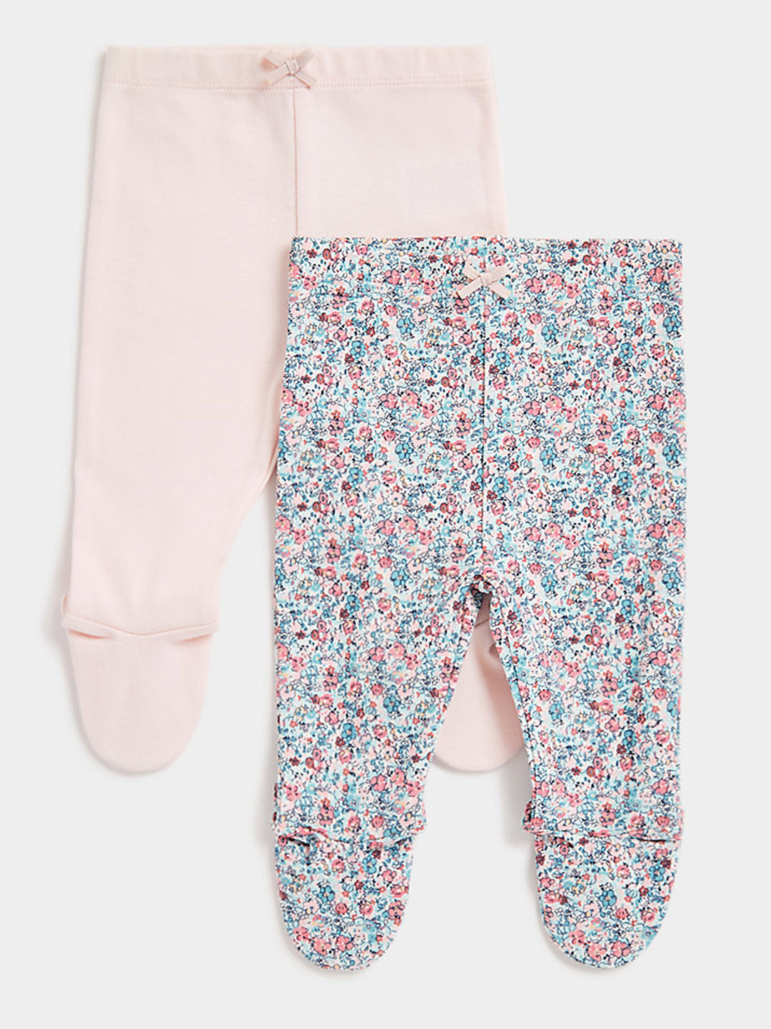 mothercare Infant Girls Pink & Blue Pack of 2 Pure Cotton Leggings With Attached Booties