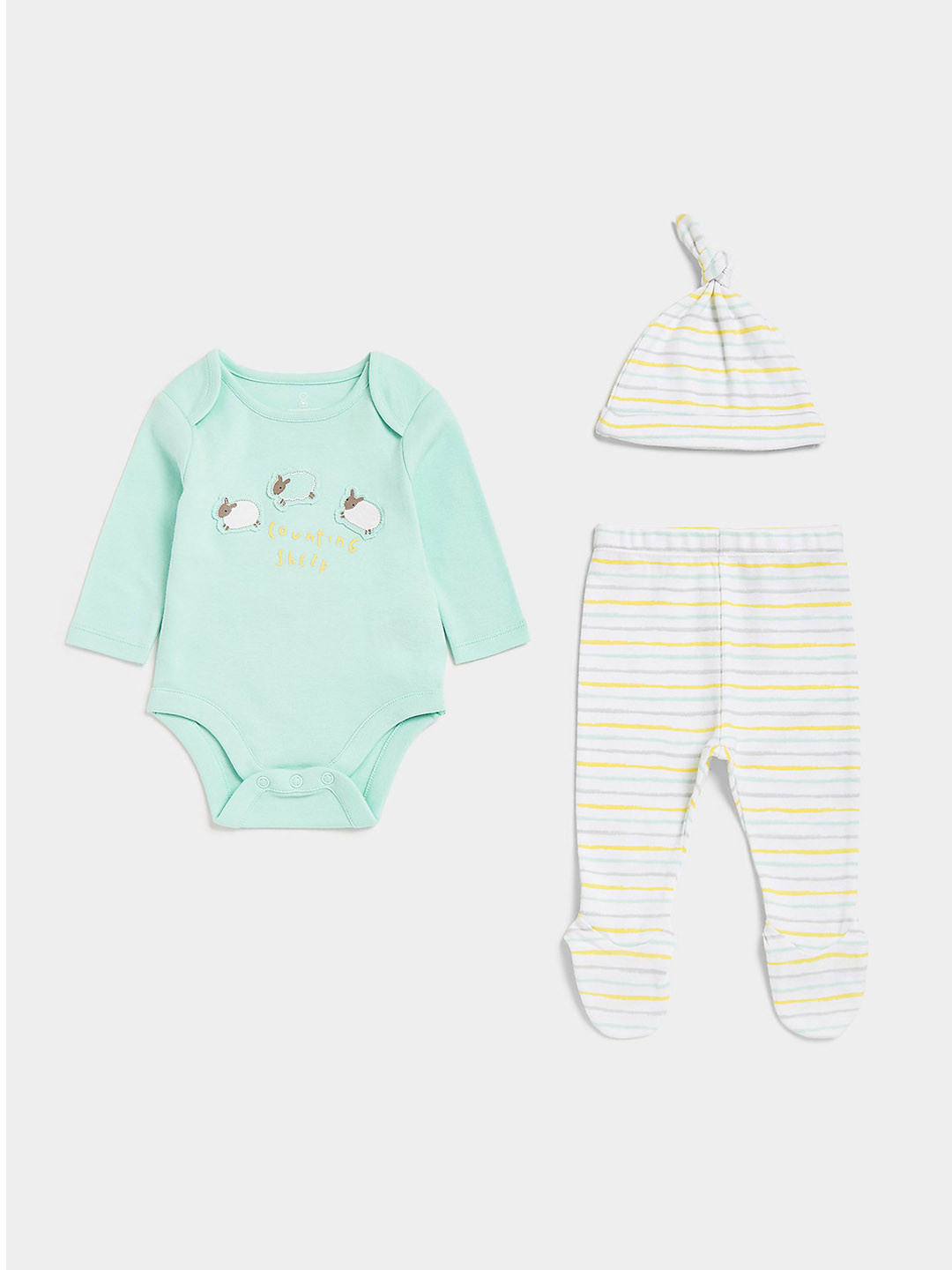 mothercare Infant Sea Green Printed Pure Cotton Bodysuit with White Leggings & Beanie