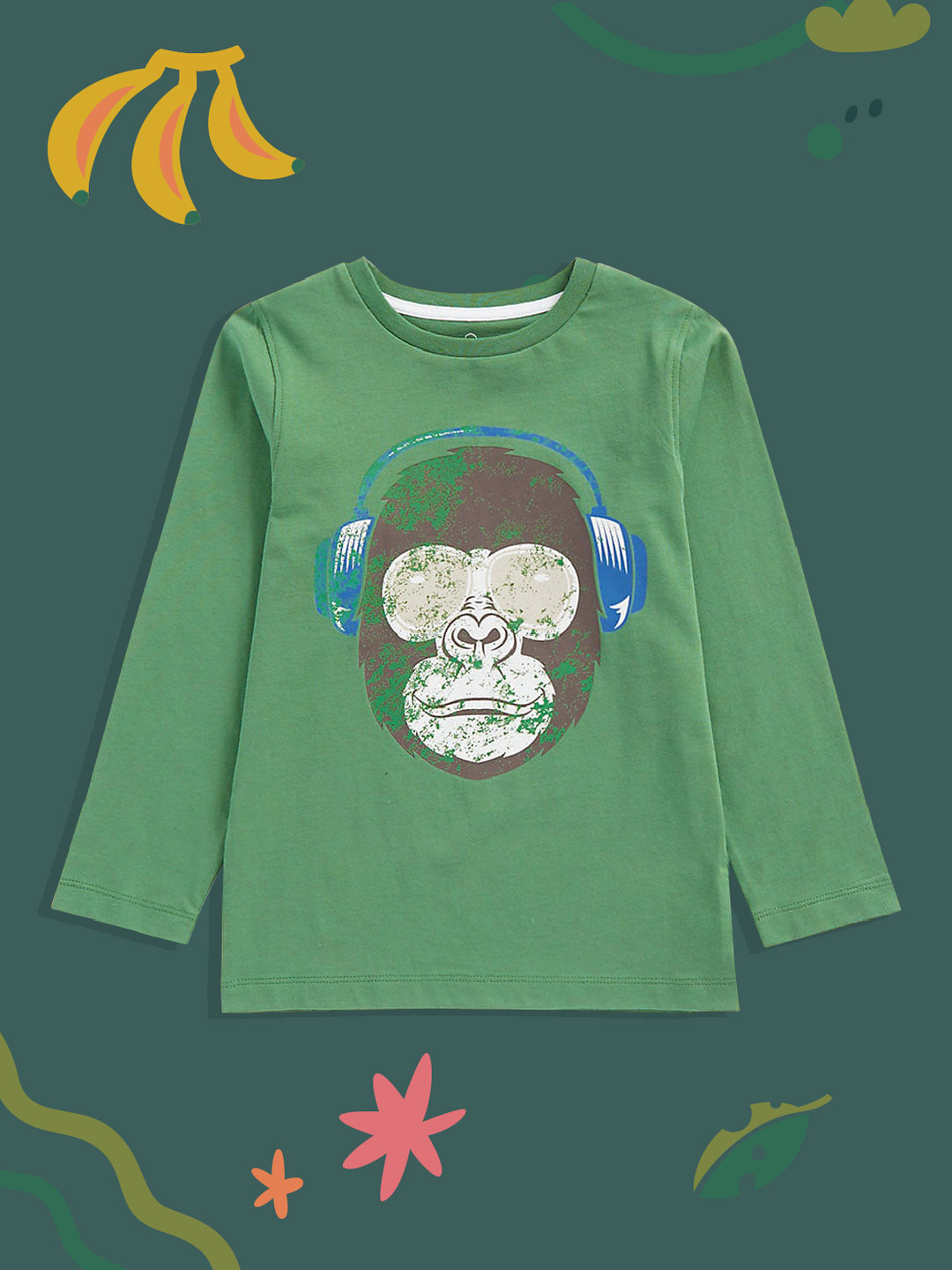 mothercare Boys Green Monkey Print Pure Cotton T-shirt