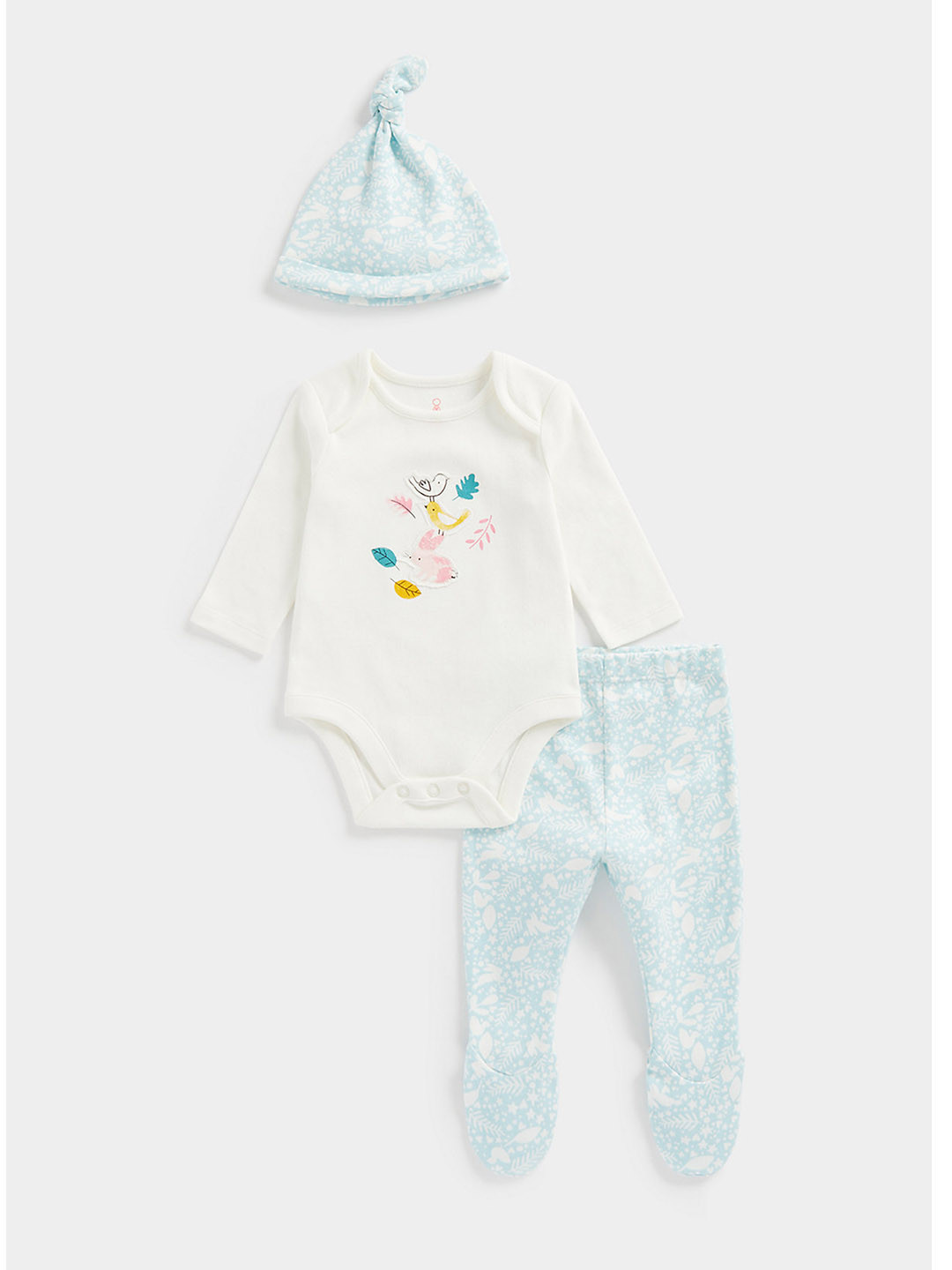 mothercare Infant Girls White & Blue Pure Cotton Bodysuit Set with Leggings and Cap