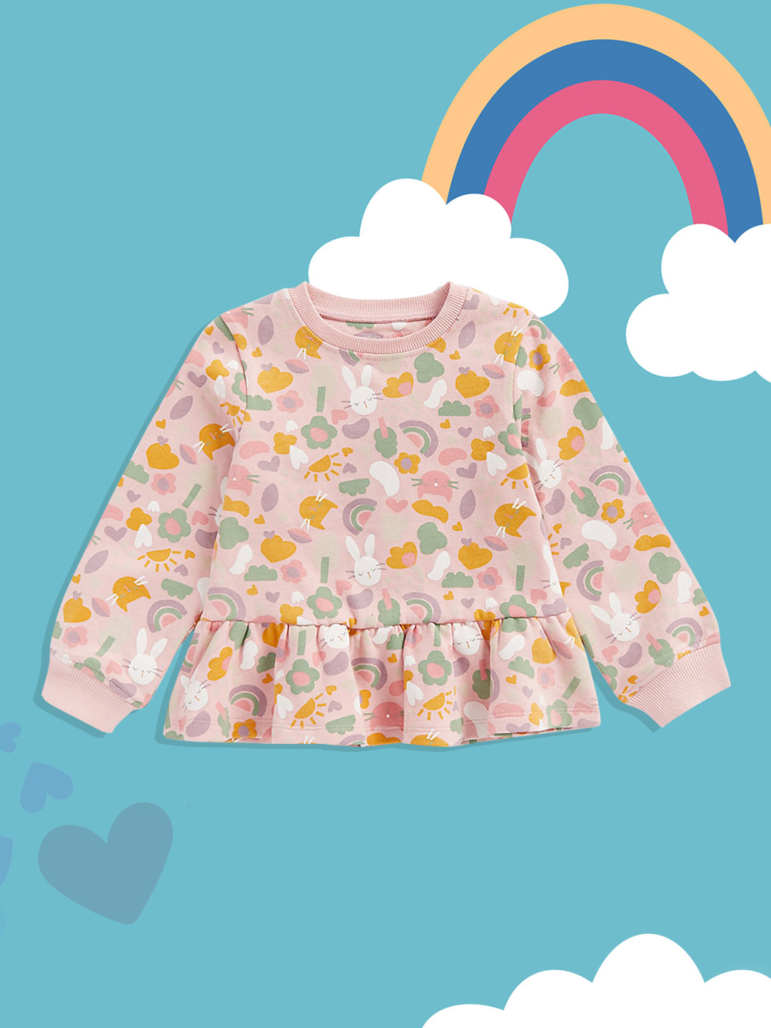 mothercare Girls Peach Pink & Green Floral Print Pleated Pure Cotton Peplum Top
