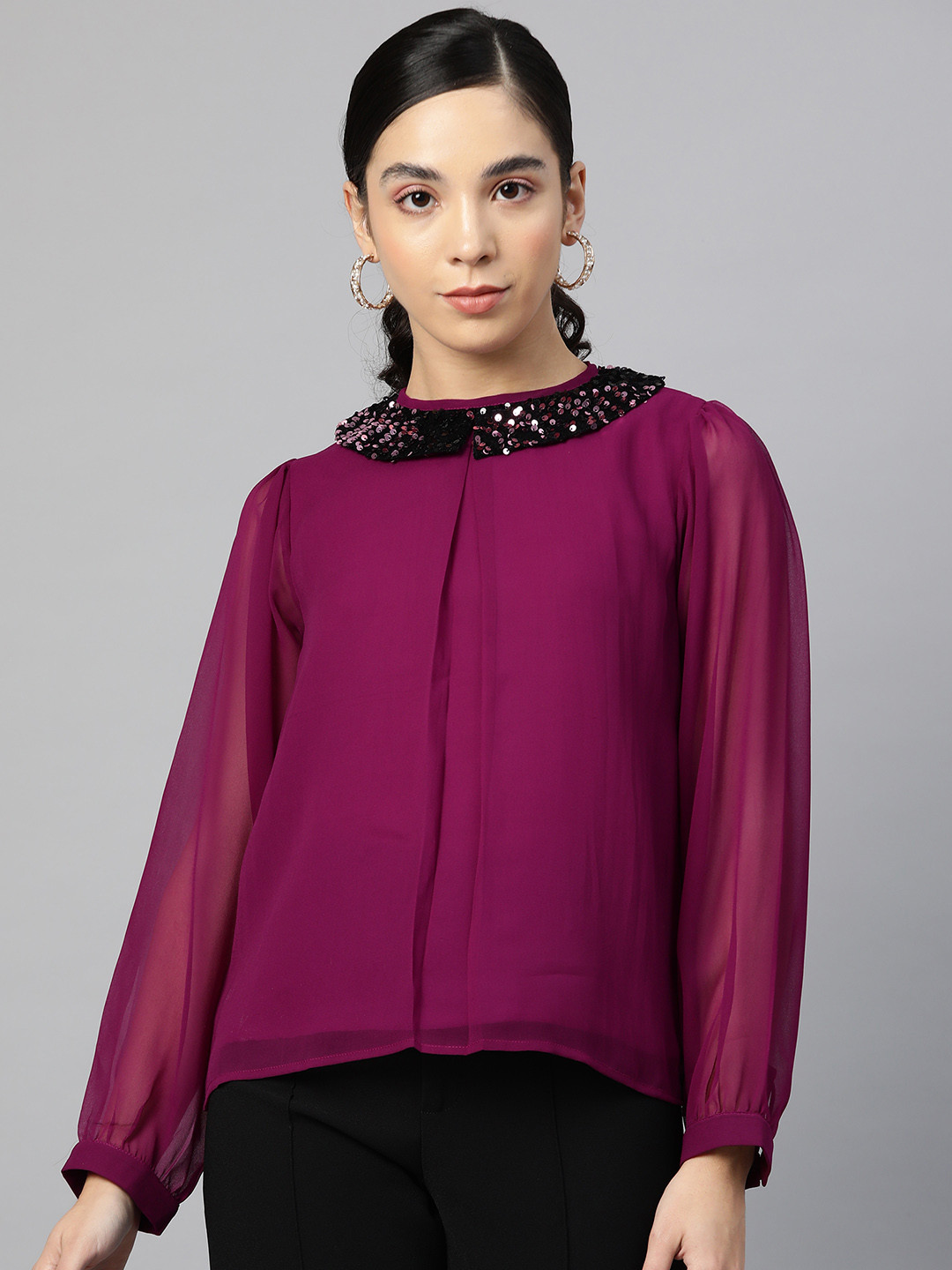 Cottinfab Purple Solid Jewel Neck Top