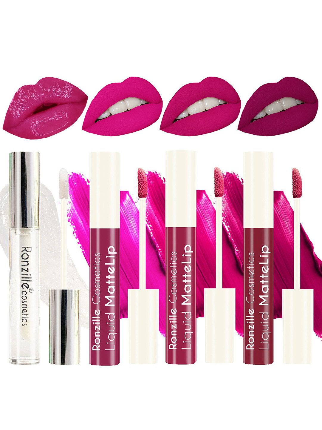 Ronzille Set of 4 Non Transfer Liquid Matte Lipstick with Lip Gloss 5 ml each - Pink