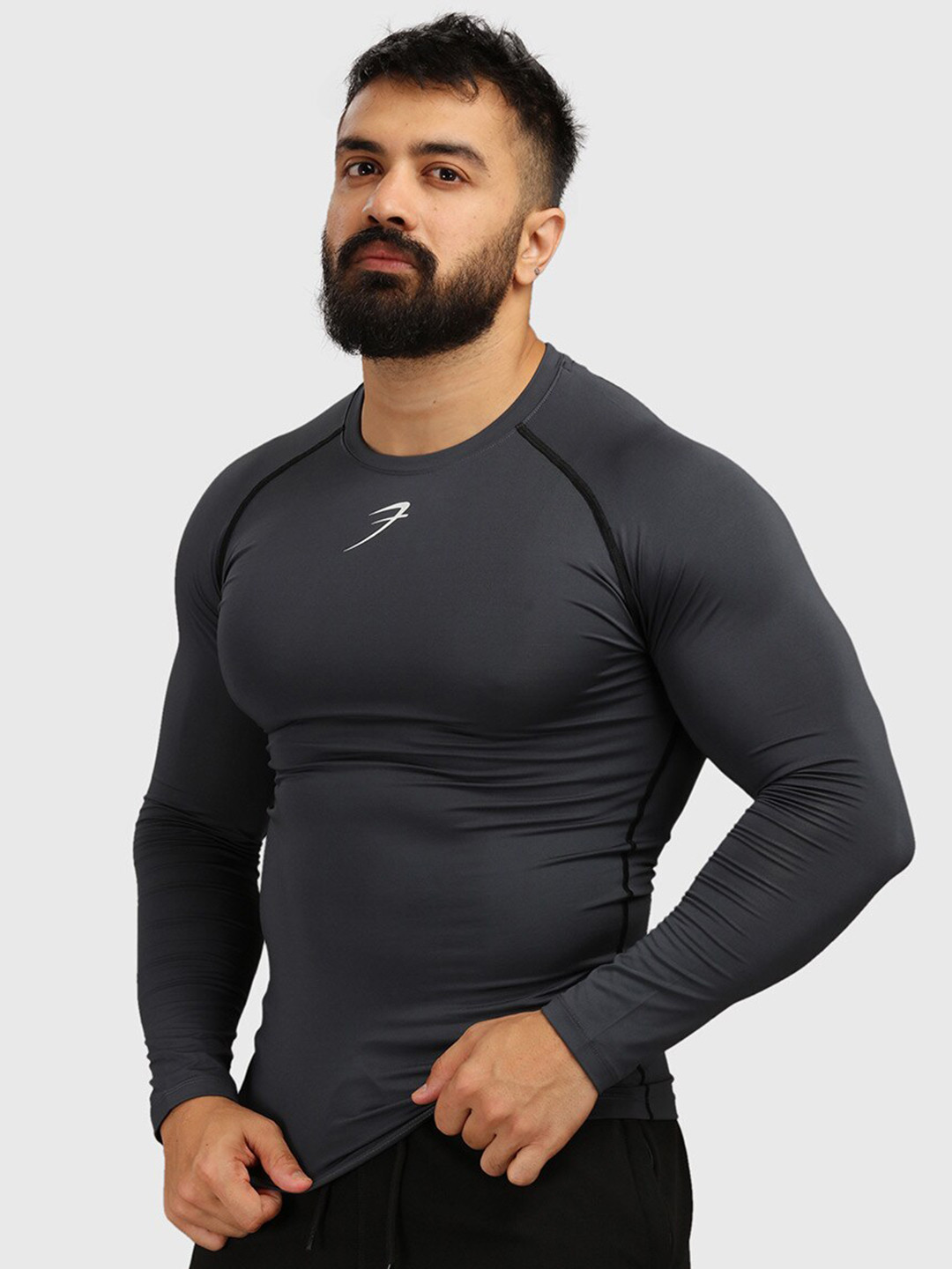 FUAARK Men Grey & dark denim Henley Neck Compression T-shirt